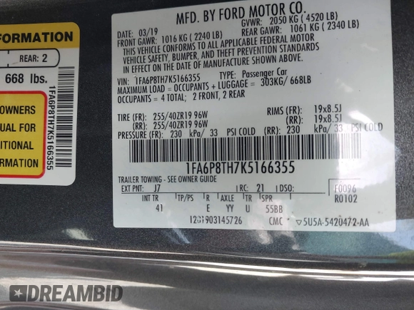 2019 Ford Mustang EcoBoost with VIN 1FA6P8TH7K5166355, listed as a IAAI auction lot 42007861 with 97,807 mi miles and . Bid and sale history available at DreamBid. Image 9.