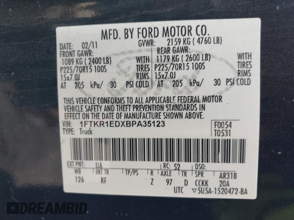 2011 Ford Ranger XL with VIN 1FTKR1EDXBPA35123, listed as a IAAI auction lot 41644846 with 335,236 mi miles and . Bid and sale history available at DreamBid. Image 9.