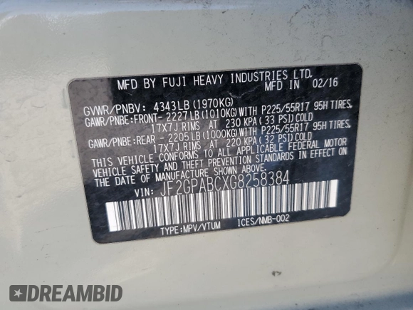 2016 Subaru Crosstrek Premium с VIN JF2GPABCXG8258384, выставлен на аукционе Copart как лот 57683245 с пробегом 85 764 миль миль и Списание • Salvage title. История ставок и продаж доступна на DreamBid. Изображение 13.