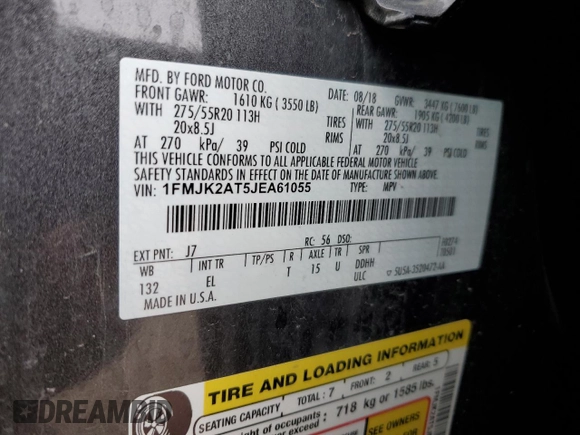 2018 Ford Expedition Max Limited with VIN 1FMJK2AT5JEA61055, listed as a Copart auction lot 59604715 with 122,390 mi miles and Clean title. Bid and sale history available at DreamBid. Image 13.