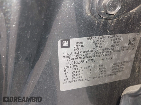 2015 Chevrolet Colorado 4WD Z71 with VIN 1GCGTCE35F1270760, listed as a IAAI auction lot 42279531 with 172,821 mi miles and . Bid and sale history available at DreamBid. Image 9.