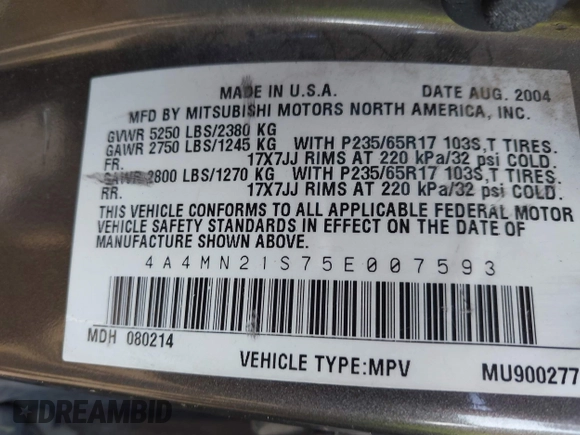 2005 Mitsubishi Endeavor LS with VIN 4A4MN21S75E007593, listed as a IAAI auction lot 42489979 with 198,294 mi miles and . Bid and sale history available at DreamBid. Image 9.