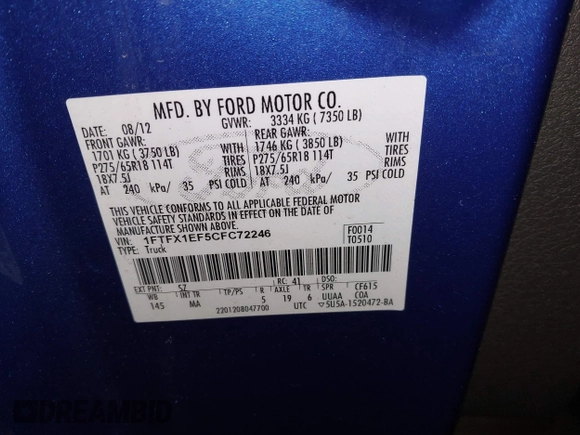 2012 Ford F-150 XL with VIN 1FTFX1EF5CFC72246, listed as a IAAI auction lot 41480033 with 86,102 mi miles. Bid and sale history available at carsss.com. Image 9.