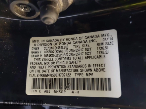 2014 Honda CR-V EX with VIN 2HKRM4H59EH702122, listed as a IAAI auction lot 41040243 with 97,813 mi miles and . Bid and sale history available at DreamBid. Image 9.