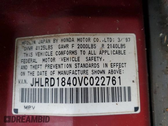 1997 Honda CR-V with VIN JHLRD1840VC022761, listed as a Copart auction lot 78191134 with 361,594 mi miles and Salvage Title. Bid and sale history available at carsss.com. Image 14.
