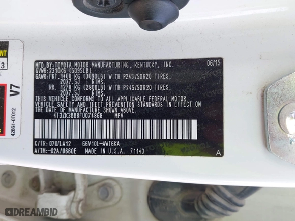 2015 Toyota Venza XLE with VIN 4T3ZK3BB8FU074868, listed as a IAAI auction lot 41903737 with 277,991 mi miles. Bid and sale history available at carsss.com. Image 9.