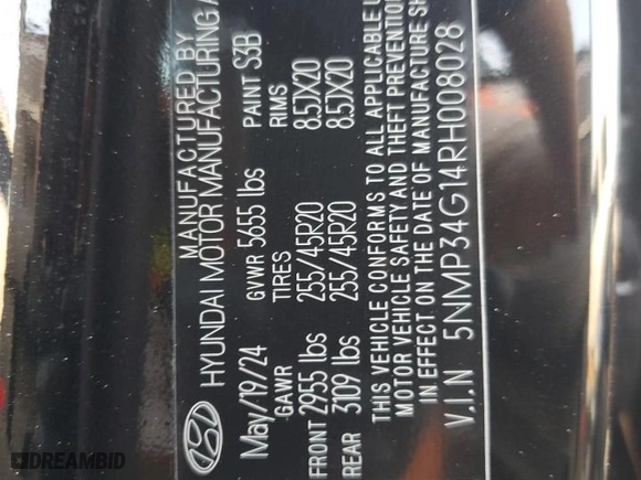 2024 Hyundai Santa Fe Hybrid Limited with VIN 5NMP34G14RH008028, listed as a Copart auction lot 87258754 with 3,855 mi miles and Salvage Title. Bid and sale history available at carsss.com. Image 13.