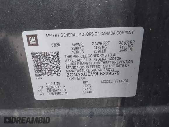 2020 Chevrolet Equinox LT with VIN 2GNAXUEV9L6229579, listed as a IAAI auction lot 41512031 with 96,446 mi miles and . Bid and sale history available at DreamBid. Image 9.