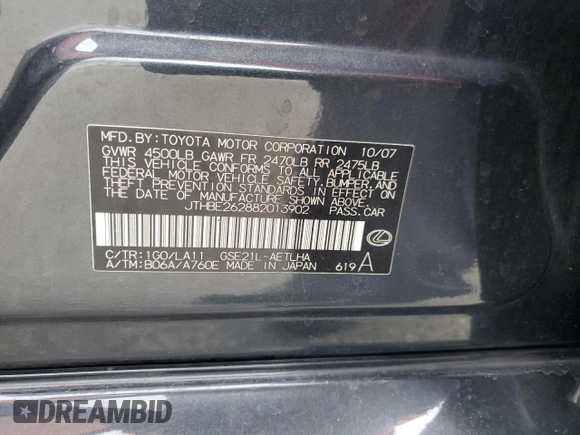 2008 Lexus IS 350 with VIN JTHBE262882013902, listed as a Copart auction lot 55874805 with 118,630 mi miles and Salvage title. Bid and sale history available at DreamBid. Image 12.