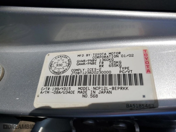 2002 Toyota ECHO with VIN JTDBT123820230000, listed as a Copart auction lot 46672405 with 368878 miles and Salvage Title. Bid and sale history available at carsss.com. Image 12.