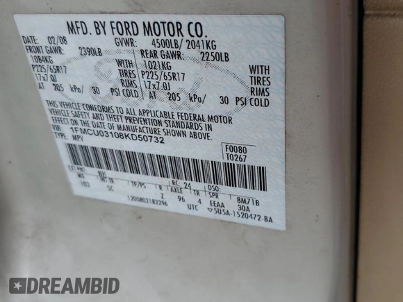2008 Ford Escape XLT with VIN 1FMCU03108KD50732, listed as a Copart auction lot 62391735 with 224,973 mi miles and Salvage title. Bid and sale history available at DreamBid. Image 12.