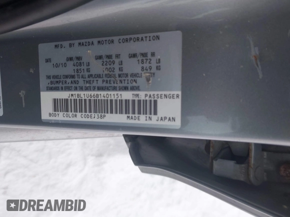 2011 Mazda 3 S Sport with VIN JM1BL1U66B1401151, listed as a IAAI auction lot 41089230 with 106,991 mi miles and . Bid and sale history available at DreamBid. Image 9.