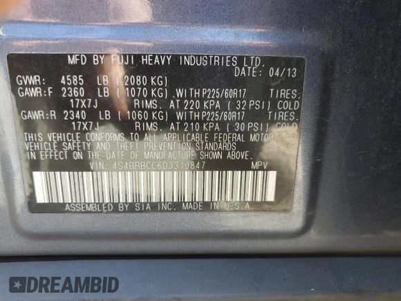2013 Subaru Outback Premium with VIN 4S4BRBCC6D3310847, listed as a Copart auction lot 53921245 with 143,076 mi miles and Salvage Title. Bid and sale history available at carsss.com. Image 12.