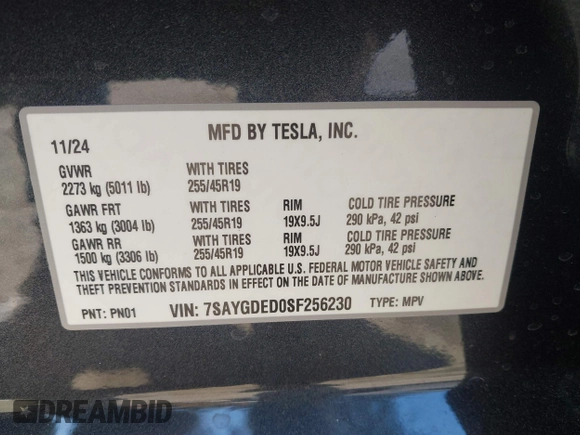 2025 Tesla Model Y Long Range with VIN 7SAYGDED0SF256230, listed as a IAAI auction lot 41356520 with 262 mi miles and . Bid and sale history available at DreamBid. Image 9.