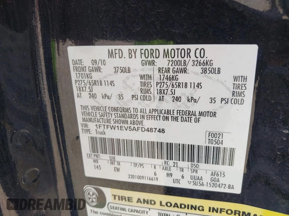 2010 Ford F-150 XL with VIN 1FTFW1EV5AFD48748, listed as a IAAI auction lot 42031274 with 195,898 mi miles. Bid and sale history available at carsss.com. Image 9.