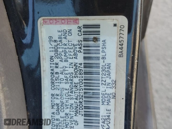 2000 Toyota Celica GT with VIN JTDDR32T5Y0018974, listed as a Copart auction lot 85803274 with 167,020 mi miles and Non Repairable. Bid and sale history available at carsss.com. Image 12.