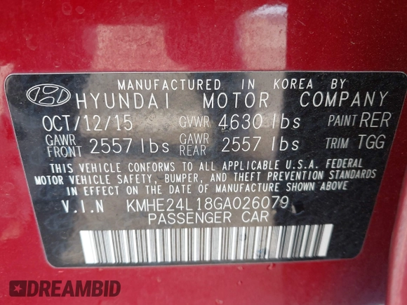 2016 Hyundai Sonata Hybrid SE with VIN KMHE24L18GA026079, listed as a IAAI auction lot 42051741 with 116,076 mi miles. Bid and sale history available at carsss.com. Image 9.