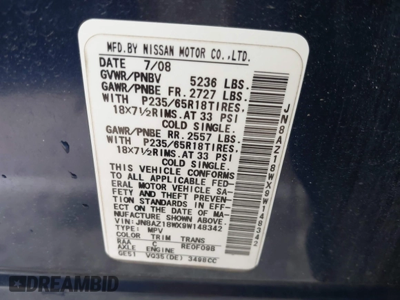 2009 Nissan Murano S with VIN JN8AZ18WX9W148342, listed as a IAAI auction lot 41742440 with 223,113 mi miles. Bid and sale history available at carsss.com. Image 9.