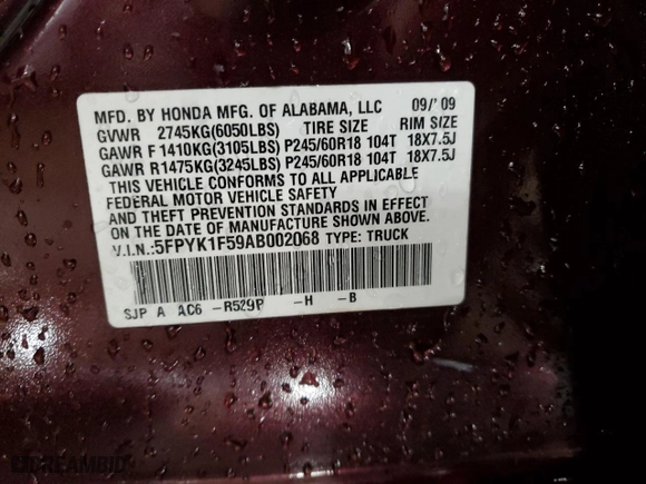 2010 Honda Ridgeline RTL with VIN 5FPYK1F59AB002068, listed as a Copart auction lot 45353325 with 157,260 mi miles and Salvage Title. Bid and sale history available at carsss.com. Image 13.