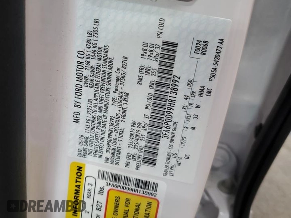 2017 Ford Fusion Titanium with VIN 3FA6P0D99HR138992, listed as a Copart auction lot 58421995 with 24,057 mi miles and Salvage title. Bid and sale history available at DreamBid. Image 12.