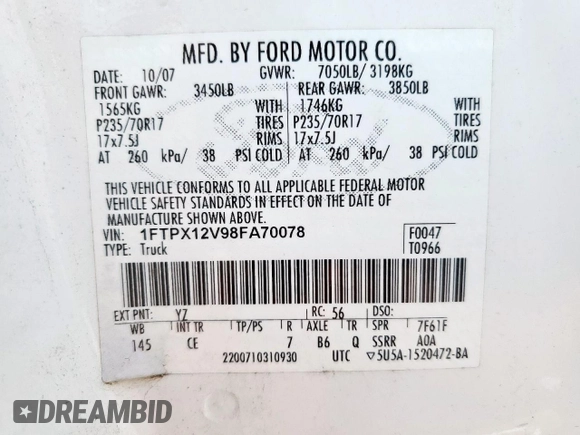 2008 Ford F-150 XL with VIN 1FTPX12V98FA70078, listed as a Copart auction lot 58519715 with 151,284 mi miles and Salvage title. Bid and sale history available at DreamBid. Image 12.