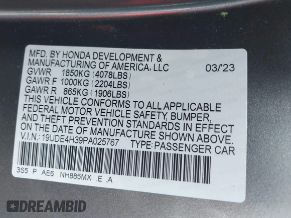 2023 Acura Integra w/A-Spec Package with VIN 19UDE4H39PA025767, listed as a IAAI auction lot 42414288 with 24,125 mi miles and . Bid and sale history available at DreamBid. Image 9.