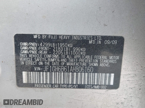 2010 Subaru Impreza i Premium с VIN JF1GH6B61AH806160, выставлен на аукционе IAAI как лот 41579946 с пробегом 153 795 миль миль и . История ставок и продаж доступна на DreamBid. Изображение 9.