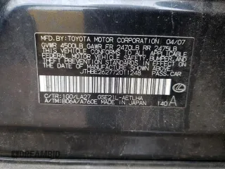 2007 Lexus IS 350 with VIN JTHBE262772011248, listed as a Copart auction lot 44365575 with Not Provided miles and Salvage Title. Bid and sale history available at DreamBid. Image 13.