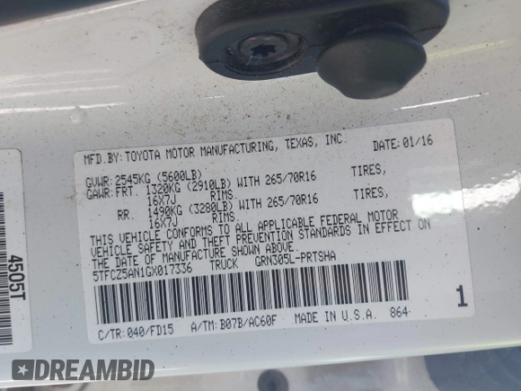 2016 Toyota Tacoma SR with VIN 5TFCZ5AN1GX017336, listed as a IAAI auction lot 41542111 with 127,162 mi miles. Bid and sale history available at carsss.com. Image 9.