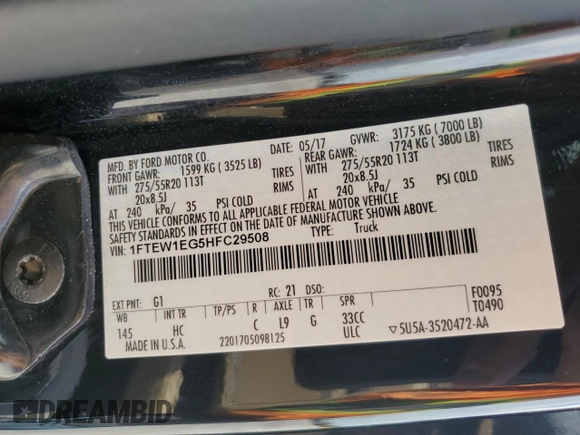 2017 Ford F-150 XL with VIN 1FTEW1EG5HFC29508, listed as a Copart auction lot 61131765 with 169,840 mi miles and Salvage title. Bid and sale history available at DreamBid. Image 12.