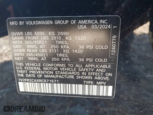 2024 Volkswagen Atlas SEL Premium R-Line z VIN 1V2FR2CAXRC571571, wystawiony jako IAAI lot #41876241 z przebiegiem 14 652 mil mil oraz . Historia ofert i sprzedaży dostępna na DreamBid. Obrazek 9.