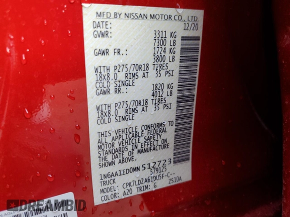 2021 Nissan Titan Pro-4X z VIN 1N6AA1ED0MN512723, wystawiony jako Copart lot #83922304 z przebiegiem 41 649 mil mil oraz Szkoda całkowita • Salvage title. Historia ofert i sprzedaży dostępna na DreamBid. Obrazek 12.