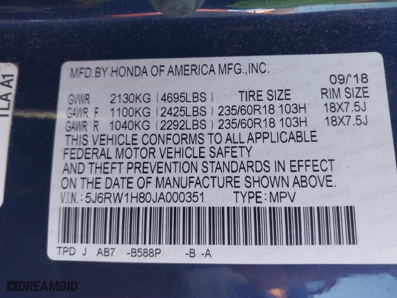 2018 Honda CR-V EX-L with VIN 5J6RW1H80JA000351, listed as a IAAI auction lot 41745612 with 102,768 mi miles. Bid and sale history available at carsss.com. Image 9.