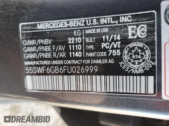2015 Mercedes-Benz C-Class C 400 with VIN 55SWF6GB6FU026999, listed as a Copart auction lot 45995755 with 0 mi miles and Salvage Title. Bid and sale history available at carsss.com. Image 14.
