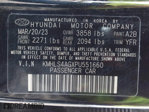 2023 Hyundai Elantra SEL with VIN KMHLS4AGXPU551660, listed as a IAAI auction lot 41174276 with 58,025 mi miles and . Bid and sale history available at DreamBid. Image 9.