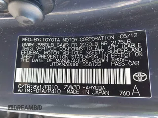 2012 Toyota Prius One with VIN JTDKN3DU8C1558122, listed as a IAAI auction lot 41951021 with 142,639 mi miles. Bid and sale history available at carsss.com. Image 9.