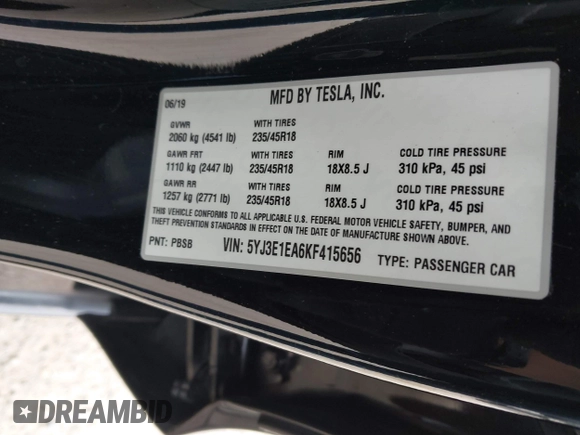 2019 Tesla Model 3 Mid Range with VIN 5YJ3E1EA6KF415656, listed as a IAAI auction lot 42140763 with 71,408 mi miles and . Bid and sale history available at carsss.com. Image 9.