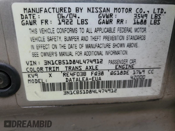 2004 Nissan Sentra S z VIN 3N1CB51D84L474912, wystawiony jako Copart lot #50819515 z przebiegiem 364 748 mil mil oraz Szkoda całkowita • Salvage title. Historia ofert i sprzedaży dostępna na DreamBid. Obrazek 12.