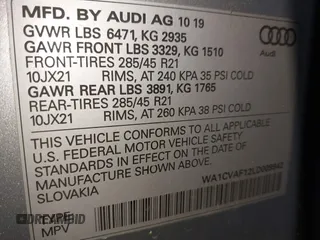 2020 Audi Q8 Prestige with VIN WA1CVAF12LD009942, listed as a IAAI auction lot 41924297 with 82,980 mi miles and . Bid and sale history available at DreamBid. Image 9.
