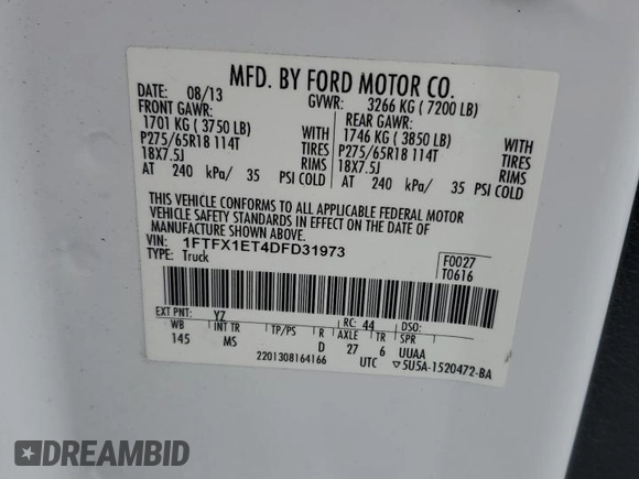 2013 Ford F-150 XL with VIN 1FTFX1ET4DFD31973, listed as a Copart auction lot 53285255 with 201,594 mi miles and Clean title. Bid and sale history available at DreamBid. Image 12.