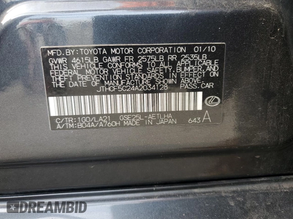 2010 Lexus IS 250 with VIN JTHCF5C24A2034128, listed as a Copart auction lot 54270325 with 81,422 mi miles and Salvage Title. Bid and sale history available at carsss.com. Image 12.