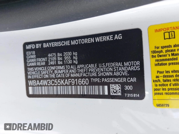 2019 BMW 4 Series 430i with VIN WBA4W3C55KAF91660, listed as a IAAI auction lot 41824102 with 92,858 mi miles and . Bid and sale history available at DreamBid. Image 9.