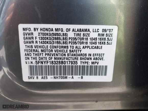 2008 Honda Pilot SE with VIN 5FNYF18328B017935, listed as a IAAI auction lot 41862087 with 999,999 mi miles. Bid and sale history available at carsss.com. Image 9.