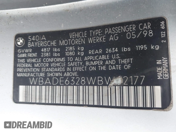 1998 BMW 5 Series 540i z VIN WBADE6328WBW62177, wystawiony jako IAAI lot #42450329 z przebiegiem Nie podano mil oraz . Historia ofert i sprzedaży dostępna na DreamBid. Obrazek 9.