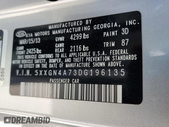 2013 Kia Optima EX with VIN 5XXGN4A73DG196135, listed as a Copart auction lot 62788485 with 137,812 mi miles and Salvage title. Bid and sale history available at DreamBid. Image 13.