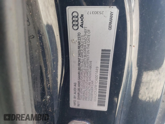 2012 Audi A5 Premium с VIN WAUCFAFR1CA001449, выставлен на аукционе Copart как лот 49898655 с пробегом 173 483 миль миль и Чистый • Clean title. История ставок и продаж доступна на DreamBid. Изображение 12.