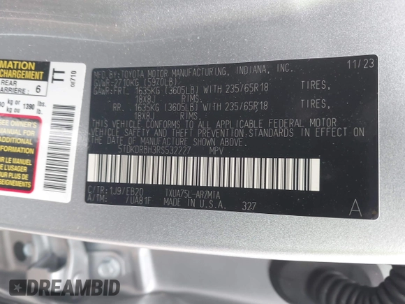 2024 Toyota Highlander LE with VIN 5TDKDRBH3RS532227, listed as a IAAI auction lot 41344982 with 10,116 mi miles and . Bid and sale history available at DreamBid. Image 9.