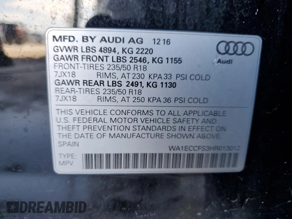 2017 Audi Q3 Premium with VIN WA1ECCFS3HR013012, listed as a Copart auction lot 53105645 with 87,520 mi miles and Clean Title. Bid and sale history available at carsss.com. Image 13.