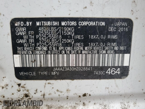 2017 Mitsubishi Outlander SE with VIN JA4AZ3A30HZ028841, listed as a Copart auction lot 54878135 with 110,410 mi miles and Salvage title. Bid and sale history available at DreamBid. Image 13.