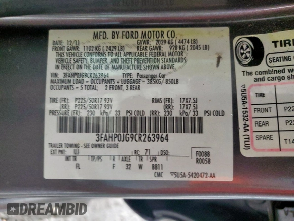 2012 Ford Fusion SEL с VIN 3FAHP0JG9CR263964, выставлен на аукционе Copart как лот 60911215 с пробегом 143 729 миль миль и Списание • Salvage title. История ставок и продаж доступна на DreamBid. Изображение 12.